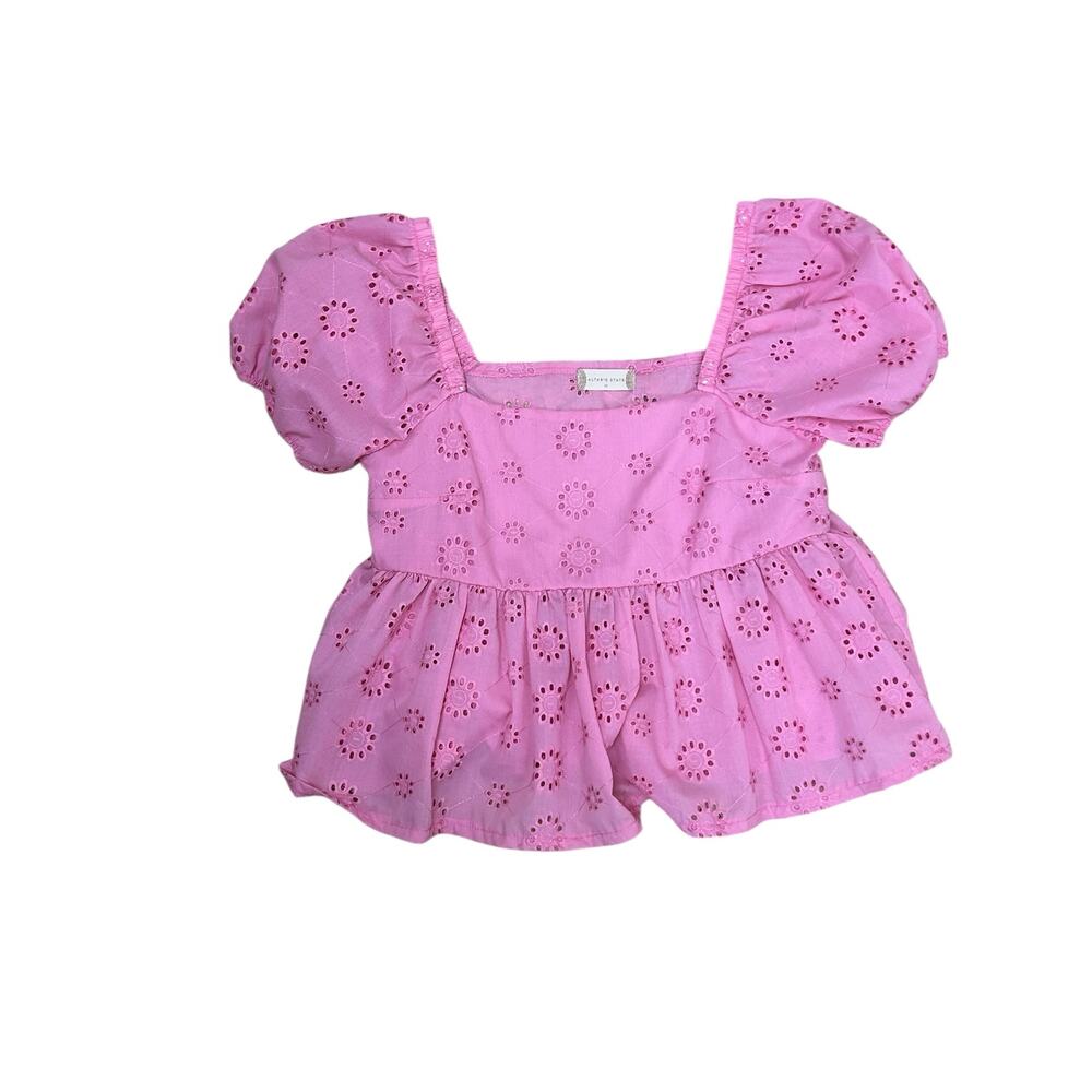 Altar’d State Pink Eyelet Crop Top Medium Puff Sleeve Cottagecore - Picture 1 of 8